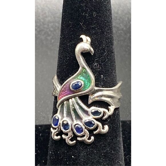 Sterling Silver 925 pink green enamel peacock ring with six oval blue sapphires - Picture 5 of 10
